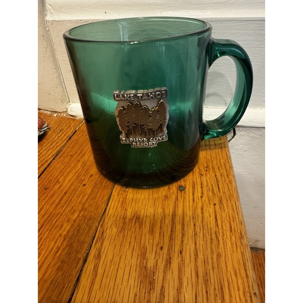 Vintage Lake Tahoe Zephyr Cove Resort Green Glass Metal Raised Applique Cup